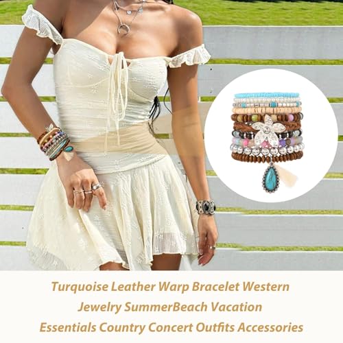 Long tiantian Western Turquoise Beaded Bracelet Set for Women Stackable Cowgirl Bracelets Boho Concho Jewelry Country Concert Rodeo Outfit Accessories Gifts - color: F1:western wooden dress