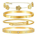Womens Stackable Floral Gold Bracelets - 4Pcs 18K Gold Plated Bracelet,Stainless Steel Bangle Bracelets Non Tarnish, Gold Bracelet Set Trendy Jewelry,Christmas Valentines Birthday Gifts for Girlfriend - color: Bracelets Stack 4Sets (Floral Gold Bracelets,