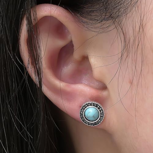 Dreuyet 4 Pairs Turquoise Earrings for Women Small Geometric Oval Round Flower Earrings Turquoise Bohemian Jewelry - style: set D