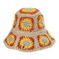 Women Straw Sun Hat Floral Woven Crochet Bucket Hat Y2k Aesthetic Accessories Beach Hat Hand Woven Boho Foldable Cap - color: Orange