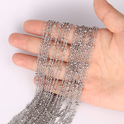 33 Feet Stainless Steel Satellite Chain Bulk, 2mm 304 Stainless Steel Chain Flat Cable Link Beaded Satellite Chains Bulk for Jewelry Making DIY Craft - color: Stainless Steel Small Beads Satellite Cable Chain