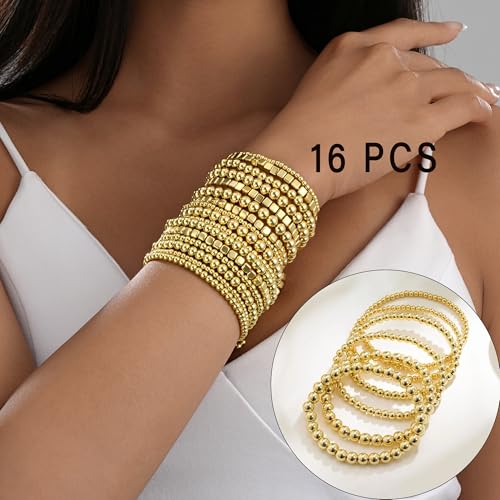 ÌF ME 16 PCS Gold Bead Bracelet for Women, Gold Beaded Stretch Plated Stackable Strand Bead Ball Bracelets stack Adjustable Jewelry Set for Gifts - color: 16 PCS Gold