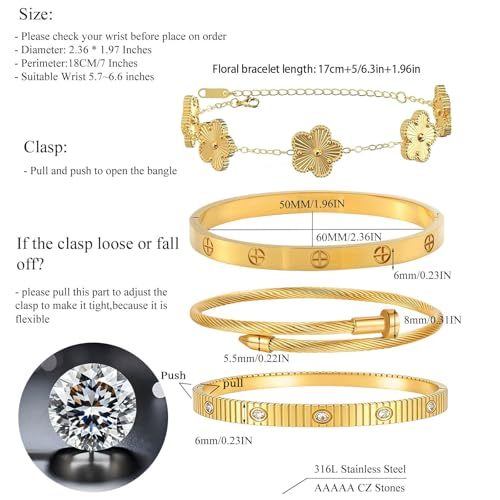 Womens Stackable Floral Gold Bracelets - 4Pcs 18K Gold Plated Bracelet,Stainless Steel Bangle Bracelets Non Tarnish, Gold Bracelet Set Trendy Jewelry,Christmas Valentines Birthday Gifts for Girlfriend - color: Bracelets Stack 4Sets (Floral Gold Bracelets,