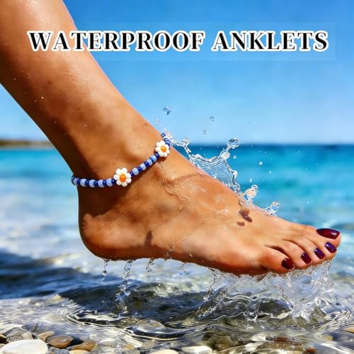 Tgirls Boho Ankle Bracelets for Women Beaded Anklets Chain Beachy Flower Foot Accessories - color: Blue