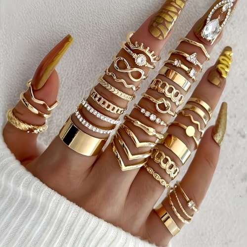 GYRMMUE Gold Rings Set Stackable Cubic Zirconia Knuckle Rings Irregular Geometric Ring Sparkle Star Moon Butterfly Rhinestone Rings Set Vintage Boho Joint Finger Midi Ring for Women - color: Gold