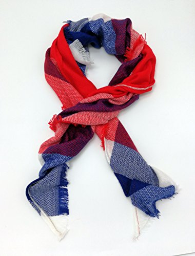 Wander Agio Womens Warm Long Shawl Winter Wraps Large Scarves Knit Cashmere Feel Plaid Triangle Scarf - color: Big Red Blue 6