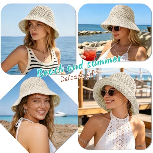 Sun Hat for Women Beach Hat Straw Bucket Hat Summer UV Protection, Packable Breathable Crochet Style - color: 1pack-milk White