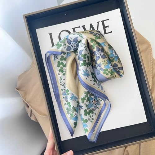 MEISEE 100% Pure Mulberry Silk Scarf 21" Square Scarf Neckerchief Headscarf Breathable Lightweight for Women Gift Packed - color: M3 Beige + Gray Blue