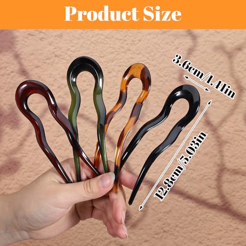 4 Pcs French Hair Pin U Shaped Acetate Hair Pins Fork 2 Prong Updo Chignon Pin for Women Girls Hairstyle Accessories（4 Colors）
