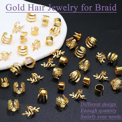 40PCS Gold Hair Jewelry for Braids Multi Style Hair Cuffs Adjustable Braid Jewelry Non-Piercing Ear Clips Loc Dreadlock Accessories for Women and Girls - color: Gold