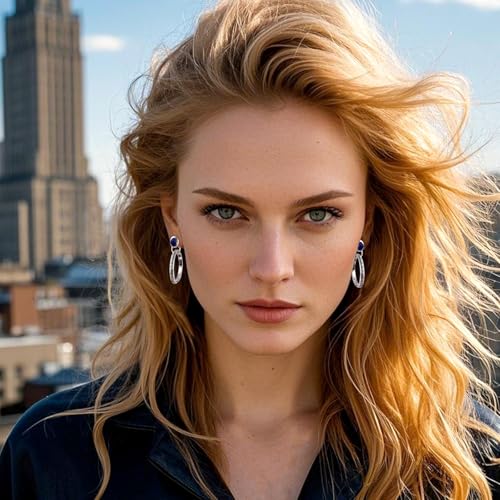 Natural Turquoise Gemstone Birthstone Stud Earrings with Circle Dangle Hoop Earrings Boho style for Vintage Western Jewelry - color: Silver and Dark Blue