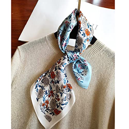 Aufeel Women's 100% Pure Mulberry Silk Small Square Scarf - Neckerchief Women - Silk Headscarf - 21" x 21" - color: Blue + White Floral