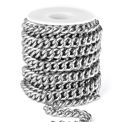 16.5 FT Stainless Steel Curb Chain Roll, 9mm 304 Stainless Steel Flat Twisted Links Curb Chains Bulk Spool for Jewelry Making Necklace DIY Craft - color: Stainless Steel, size: 9.0mm width