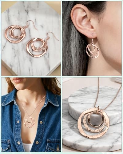 Hypoallergenic Silver Circle & Dangle Earrings and Necklace Set for Women Geometric Boho Style Hoop Jewelry for Women-Lightweight & Dangling-Gift for Bohemian Fashionistas - color: Rose Gold