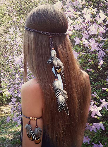 Set of 2 Gypsy Hippie Feather Headband Headdress and Armband Bohemian Headwear Headpiece Handmade Tribal Indian Fascinator Feather Hairband Hair Accessories for Women Lady (A#)