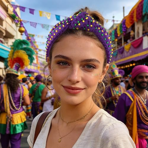 YISSION Mardi Gras Knotted Beaded Wide Headband for Adults - Purple Green Yellow Festival Hair Accessory for Parade, Costume Party & Celebration - color: Purple,Yellow,Green