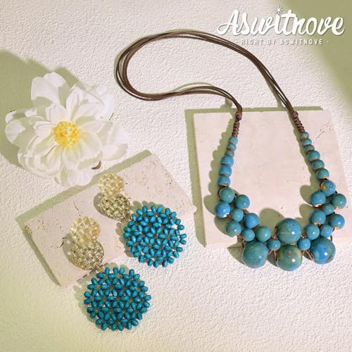 2 Pcs Hippie Boho Colorful Ceramic Beaded Necklace and Earrings Set for Women Adjustable Chunky Round Beads Strand Statement Necklace Colorful Summer Beaded Earrings Bohemian Jewelry Gift - color: Peacock Blue