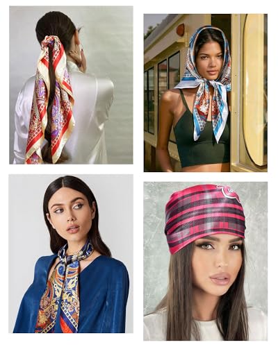 Molans 35" Silk Satin Square Head scarves - 4Pcs Large Scarfs Hair Bandana Head Kerchief Neck Scarf Sleeping Wraps for Women - color: Red, Blue, Orange, Pink