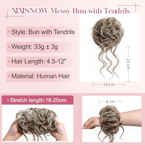 Real Human Hair Messy Bun Piece for Women, Tousled Updo Hairpieces, Curly Wavy Buns Extension Scrunchie with Tendrils, Natural Chignon Fake Hairbun for Daily Use, Medium Brown Mix White 33g - color: Medium Brown Mix White
