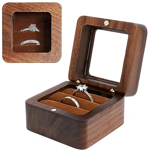 Wooden Ring box，Clear Skylight Ring Case,Solid Wood Square Jewelry Storage Box-ring bearer pillow for Wedding Ceremony, Engagement(Brown velvet) - color: Transparent skylight - 1 slot - Brown velvet