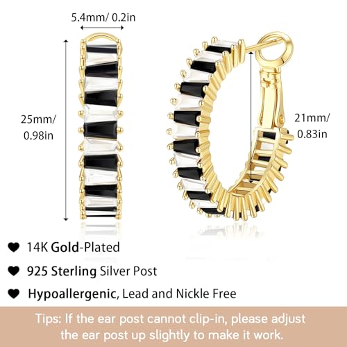 Trendy 14K Gold Plated Hoop Earrings for Women, Chunky Gold/Silver Earrings for Women Cubic Zirconia Baguette Hoop Earrings Heart Hoops Lightweight Hypoallergenic Jewelry,25mm/35mm/40mm/50mm - color: 01 Gold White and Black Hoops 25mm