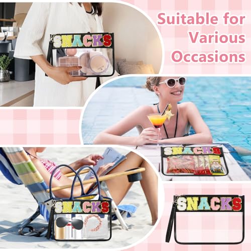 Clear Snack Bag for Travel, Chenille Letter Clear Zipper Snacks Pouch Nylon Cosmetic Bag Makeup Travel Bag for Women - color: Black