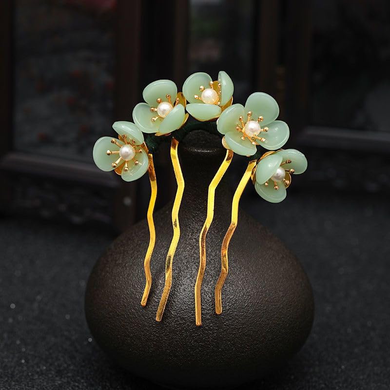 2pcs Jade Flower Hair Pin, Chinese Hair Stick Jade Hairpin, Retro Chignon Pin Traditional Classical Flower Hair Chopstick Hair Styling Accessories for Women, Green - color: 2 green