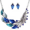 YAZILIND Ethnic Style Tibetan Silver Peacock Crystal Chunky Bib Earrings Necklace Set Wedding Party - color: Blue