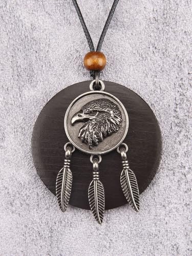 PU Leather Necklace Vintage Boho Style Multilayer Pendant Long Sweater Necklace Jewelry for Women Men with Adjustable Leather Cord - color: Round Eagle Head Feather Wood Necklace