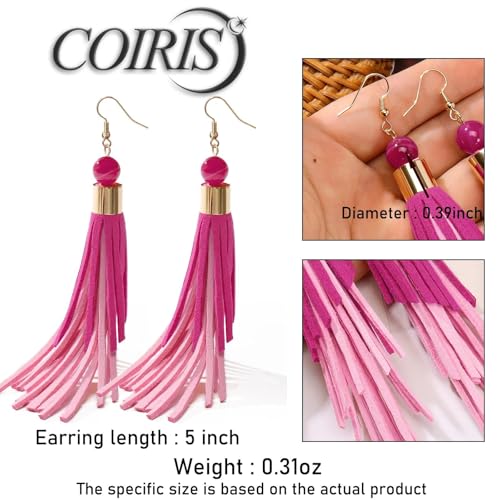 Coiris Boho Leather Layered Tassel Earrings for Women Lightweight Leather Fringe Dangle Earrings Handmade Bohemian Summer Beach Western Drop Earrings for Women - color: RosePink