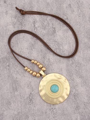 GelConnie Leather Necklaces Turquoise Long Boho Necklaces for Women Brown Chunky Circle Pendant Chocker Necklace Gold Sweater Necklace - style: Brown Leather Turquoise Necklace