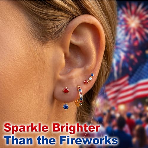 3 Pairs Dainty Small 4th of July Earrings for Women Trendy, Birthstone Stud Huggie Hoop Jacket Stack for Cartilage Helix, Gold Plated Hypoallergenic Cute Women Fashion Accessories Western Jewelry Gifts - color: 4th of July earrings(Gold Red White Blue)