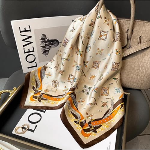 Sumolux Head Hair Scarf for Women Like Satin Silk Scarf Bandana Hair Wrapping Night Large Square Scarves 27.5" - color: Khaki Feather