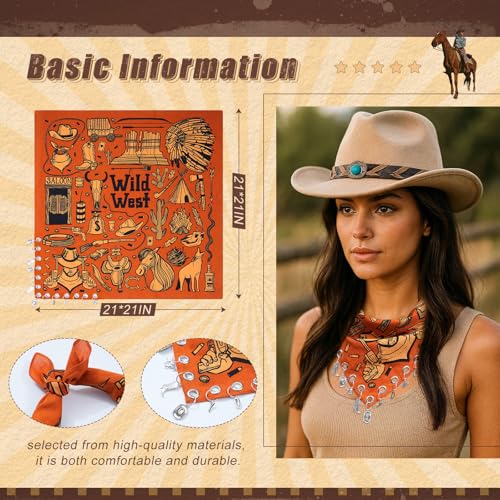 AWAYTR 100% Cotton Bandana for Cowgirl Western Cowboy Costume, 21 Inch Paisley Scarf with Grommet Western Ornaments - color: Coffee(wild West)