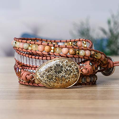 YGLINE Natural Stone Beaded Healing Wax String 5 Wraps Bracelets - color: coral jade
