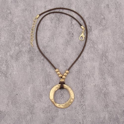 JAOYU Bohemian Necklaces for Women Leather Necklace Wood Pendant Choker Long Brown Necklace Chunky Circle Boho Hippie Jewelry - style: Bohemian Choker Necklaces Women