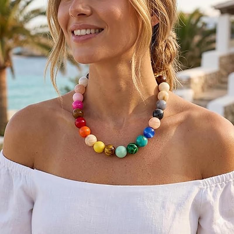 Dopamine Colorful Beaded Chunky Necklace for Women, Gold Large Round Resin Bold Beads Summer Boho Beach Vacation Jewelry - color: Colorful