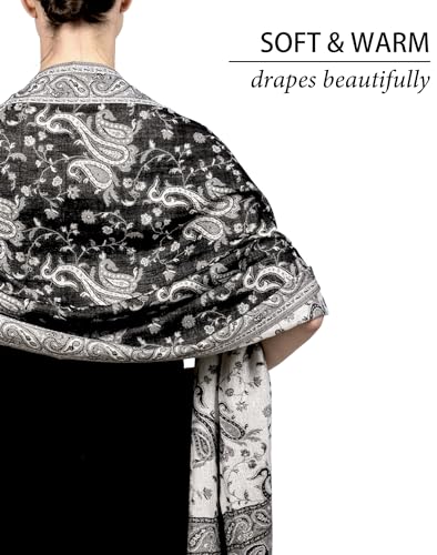 Achillea Reversible Paisley Pashmina Rave Scarf – Exotic Indian Shawls and Wraps for Evening Dresses, Festivals, All Seasons - color: Black White
