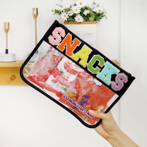 DYSHAYEN Chenille Letter Clear Zipper Pouch for Travel,Nylon Clear Cosmetic Bag,Makeup Travel Bag for Women Girls 11.8 Inches x 8.2 Inches - color: Black-Snacks