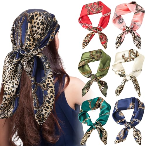 JATEBI 27''/35'' Women Large Satin Scarf Silk Feel Square Wraps Big Hair Bandanas Vintage Print Solid Color Bandana Scarves - color: Beige, Blue, Pink, Red, Green, Military Green Chain Leopard, size: 35'' Large