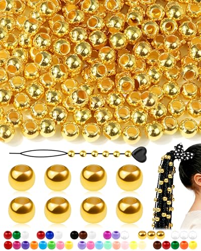 FIVEIZERO 260PCS Large Hole Hair Beads, 10x12mm, Gold | Acrylic pony style, smooth lightweight finish, reusable, quick on/off, bracelets, keychains, macramé and DIY crafts - color: Gold