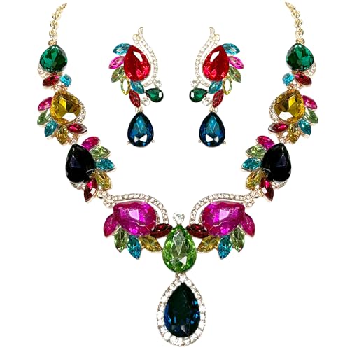 Women Jewelry Set Rhinestone Crystal Bride Statement Choker Necklace Teardrop Cluster Dangle Earrings Set for Wedding Prom Party - color: Colorful