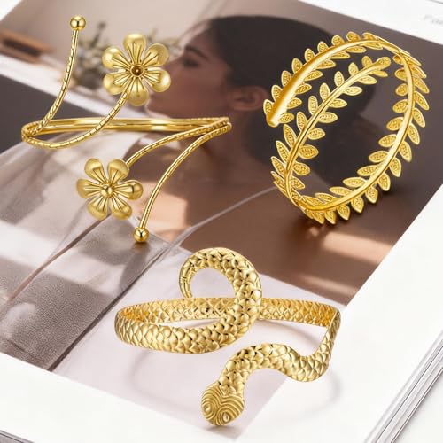 Arm Cuff Jewelry for Women Adjustable Flower Cuff Bangle Bracelet Gold Armband Upper Jewelry Gifts for Women Boho Western Accessories - color: C1:3pcs gold arm cuff