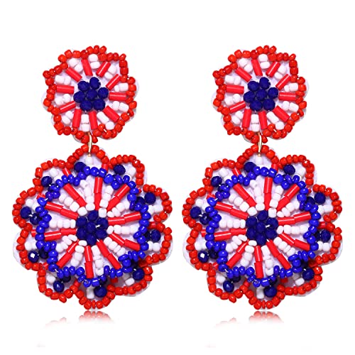 Statement Beaded Drop Earrings for Women Layered Bead Dangle Earrings - color: red blue white