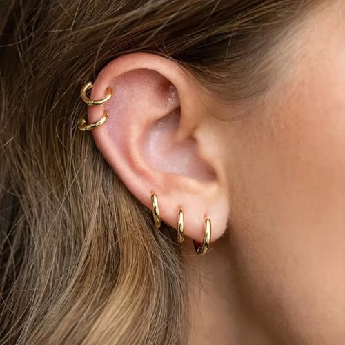 1 Pair 6mm Small Hoop Earrings for Women, Dainty 14K Gold Plated Huggie Hoop Earrings Hypoallergenic Lightweight Cartilage Earrings Set for Multiple Piercings for Sensitive (Gold/2.0mm) - color: Gold, size: 6mm (Thickness: 2.0MM)