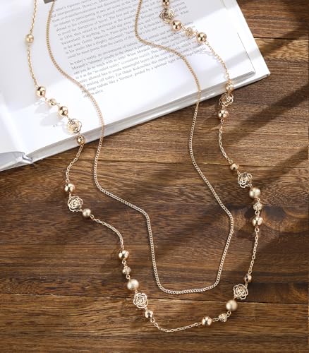 FULU AUTUMN Boho Gold Long Necklaces for Women Natural Stone Beaded Layered Long Necklace Mothers Day Gifts Dainty Flower Costume Jewelry for Women - color: Gold