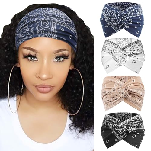 AQOKKA Extra Wide Headbands for Women Large Turban Headband Non Slip Boho Elastic Hairband Hair Twisted Knot Head Bands Accessories - color: 4 Pcs: Black, Navy Blue, White,Beige