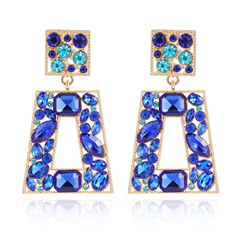Rhinestone Rectangle Statement Earrings Colorful Crystal Geometric Drop Dangle Earrings for Women Prom Party - color: royal blue