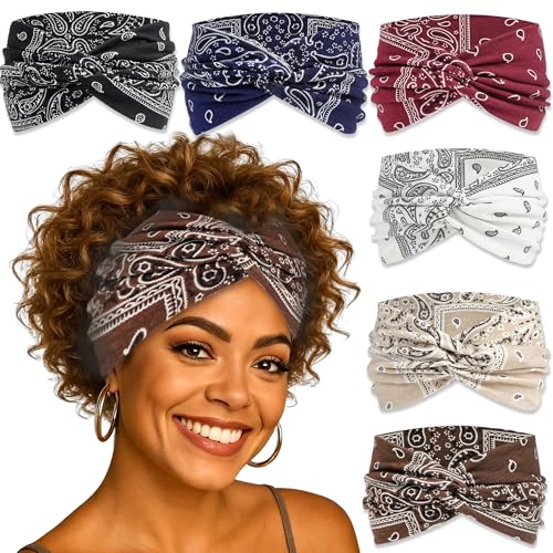 6 Pack Boho Wide Headbands for Women Colorful Paisley Twist Hair Bands Stretchy Cross Head Turban Bandana Non Slip Exercise Hair Wraps Accessories - color: Multicolor-4