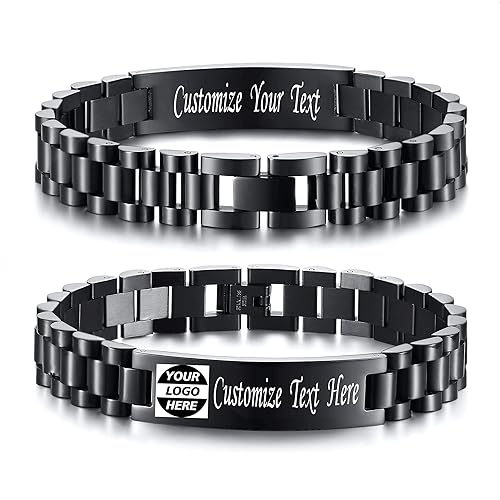 Custom Mens Bracelet Personalized Watch Band Engraved Name Bracelets for Men Customized ID Cuff Wristband Gift for Dad Husband - style: Black-Logo - 1.5cm